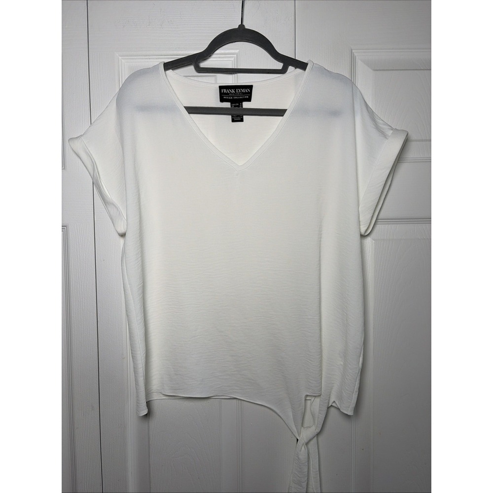 Frank Lyman Side Tie Blouse Womens Size 8 White V-Neck Short Sleeve Textured Top